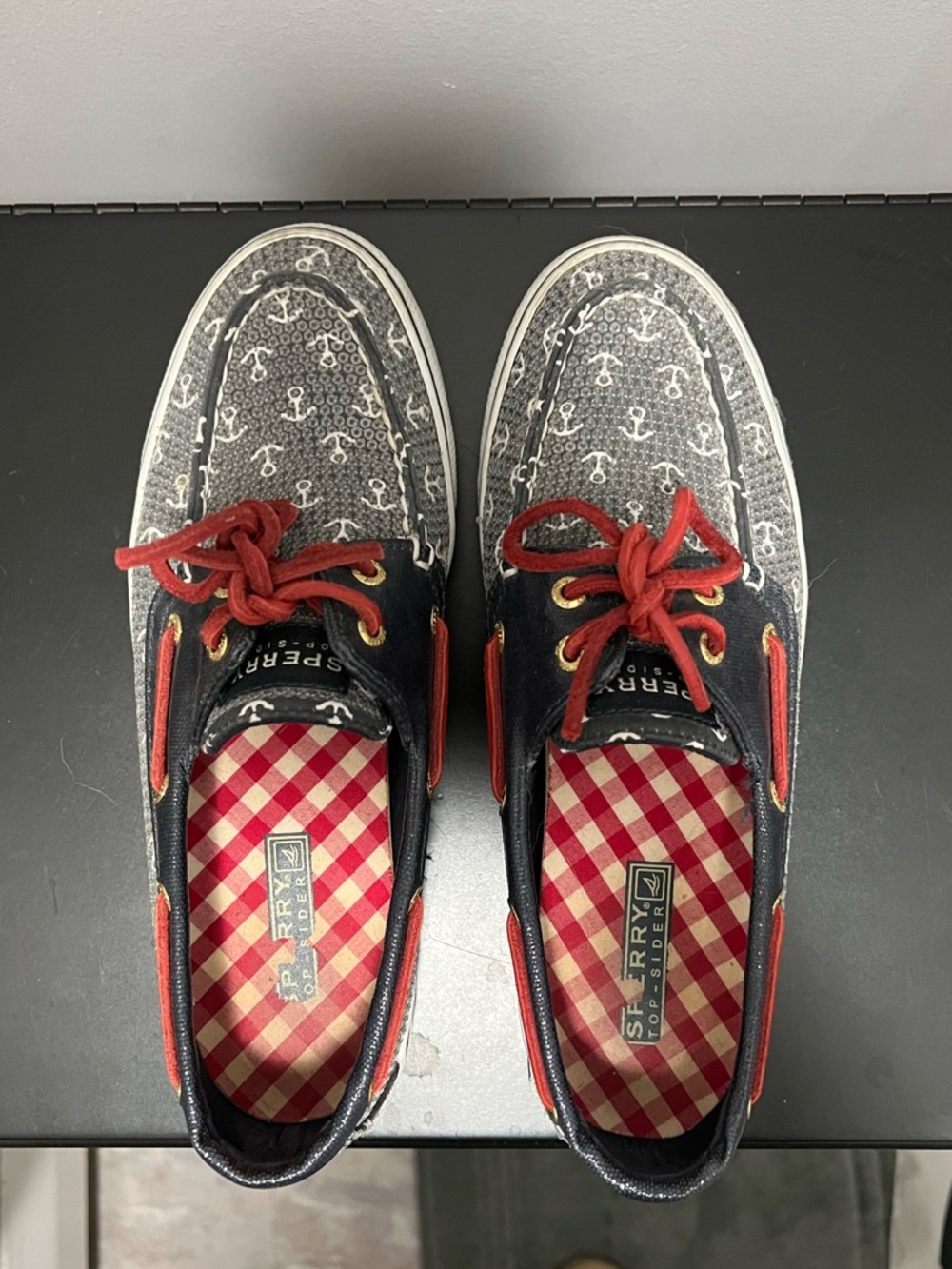 Sperry Navy Blue Sequin Boat Shoes with Red Laces - Picture 2 of 4